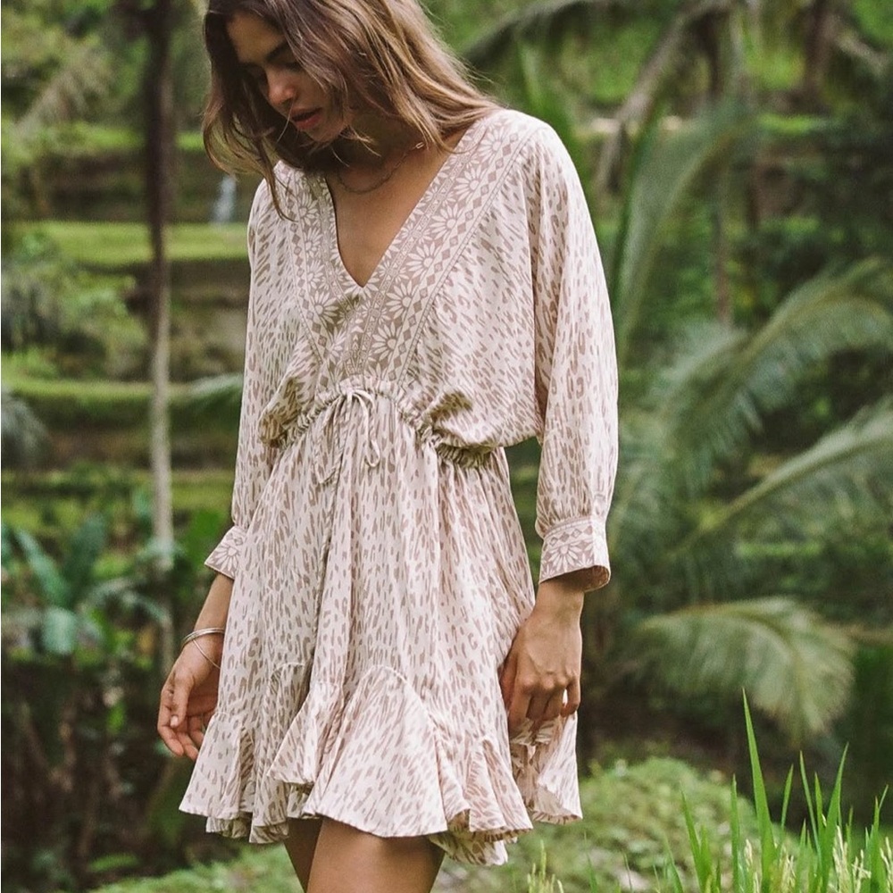 O'Neill Joyce Dress in Almond - V-neck neutral pattern mini dress beach cover up